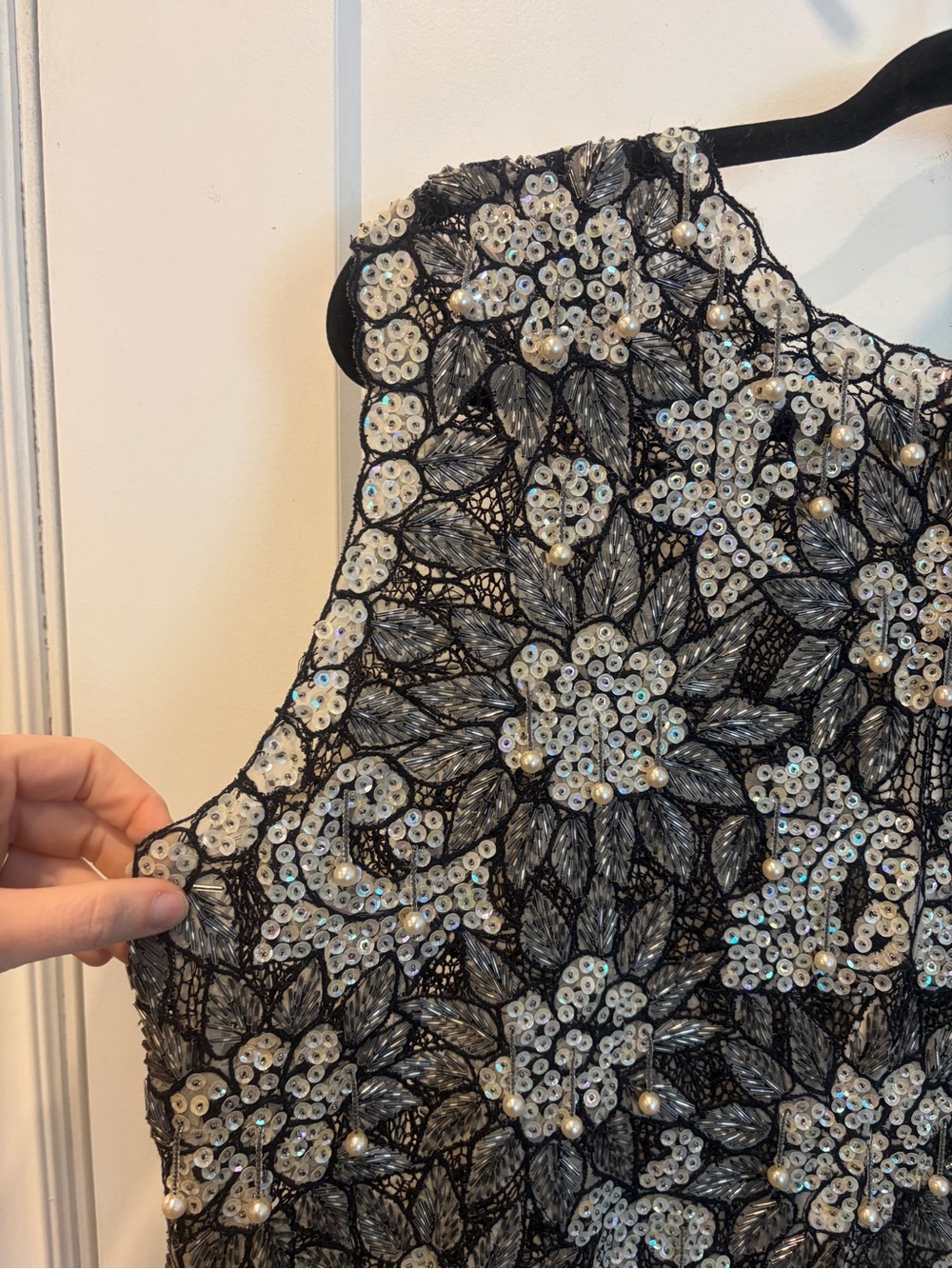 Vintage 60s Embellished Black Floral Beaded and pearls Shift Dress with slip - Picture 5 of 17